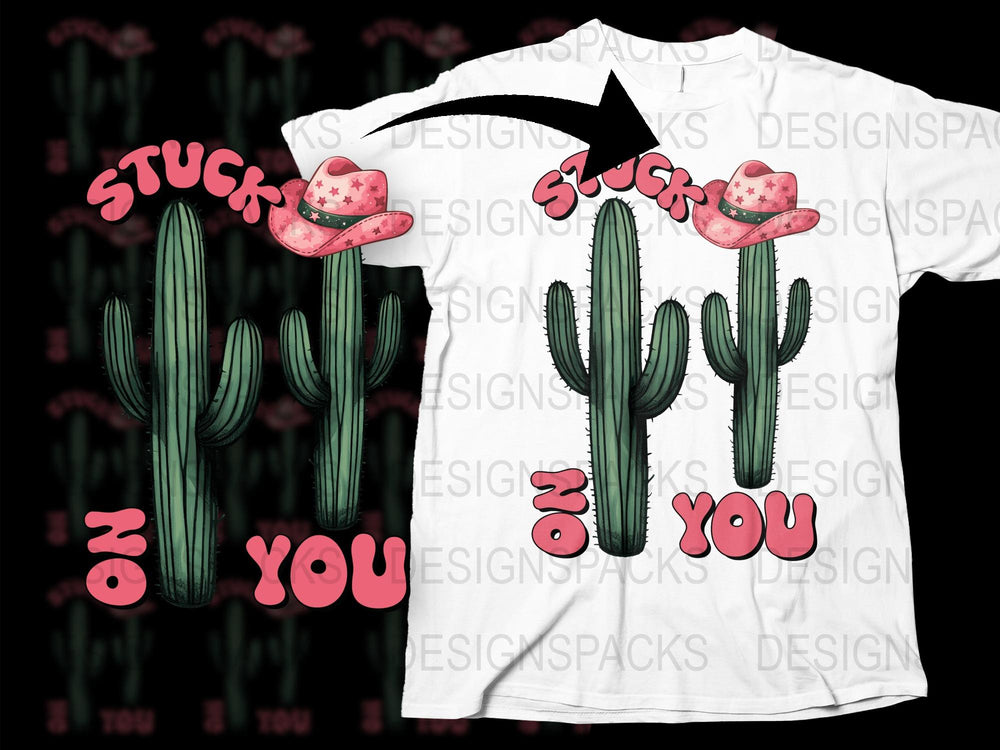 Western Cactus T-Shirt with Pink Cowboy Hat Design, Stuck on You Graphic Tee, Unique Casual Wear