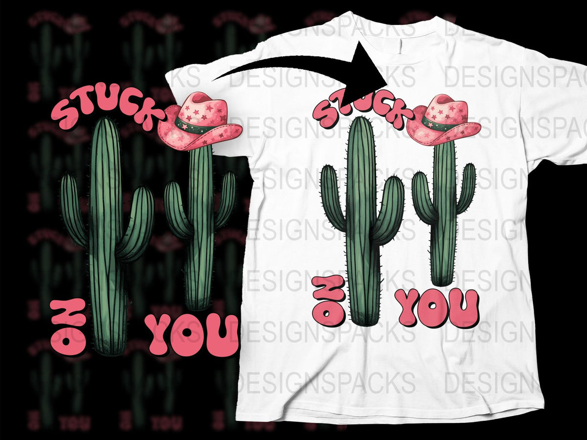 Western Cactus T-Shirt with Pink Cowboy Hat Design, Stuck on You Graphic Tee, Unique Casual Wear