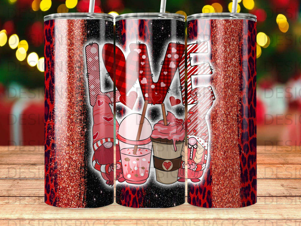 Three tumblers with Valentine's Day gnome and glitter designs spelling "LOVE."