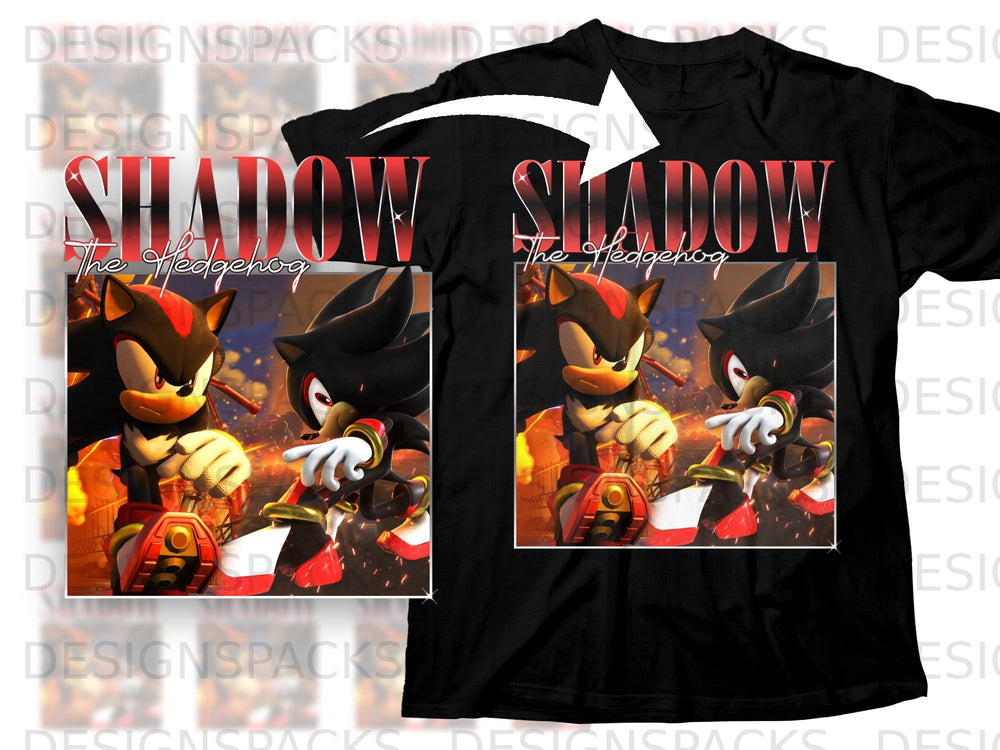 Black t-shirt with "SHADOW The Hedgehog" graphic featuring two animated characters.