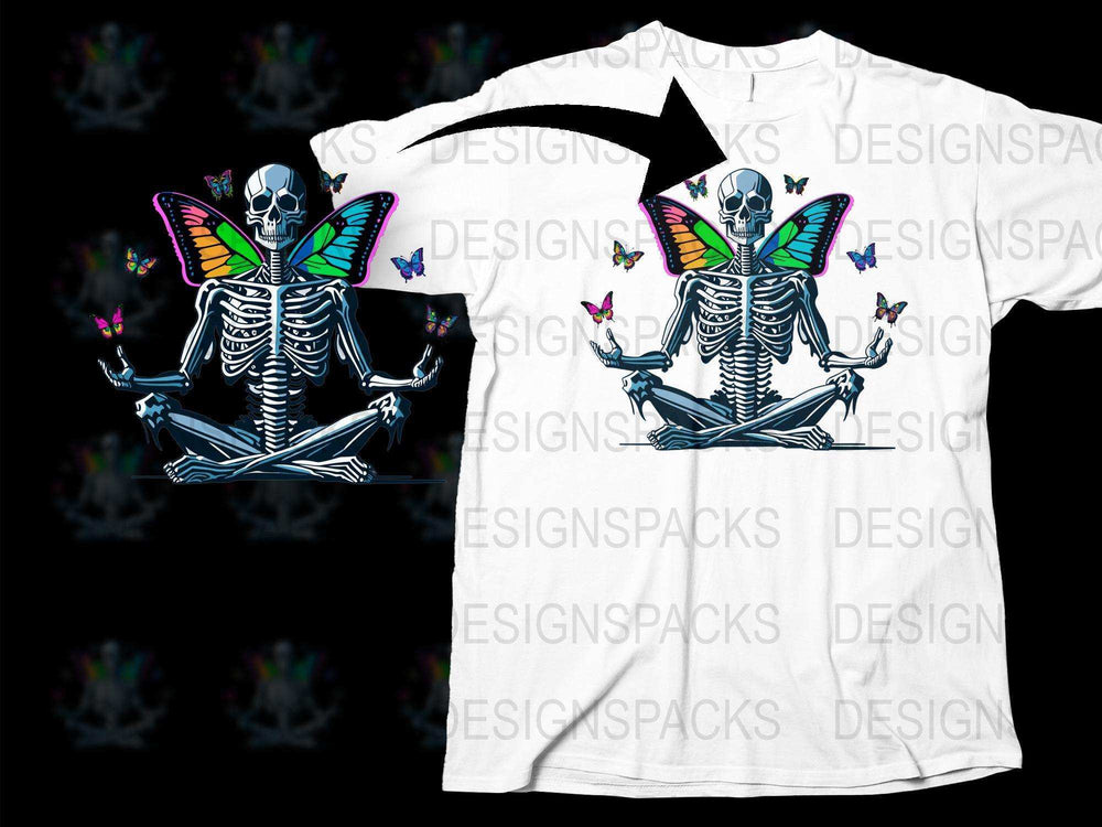 Skeleton Meditation T-Shirt, Colorful Butterfly Wings, Unique Graphic Tee, Unisex Casual Wear