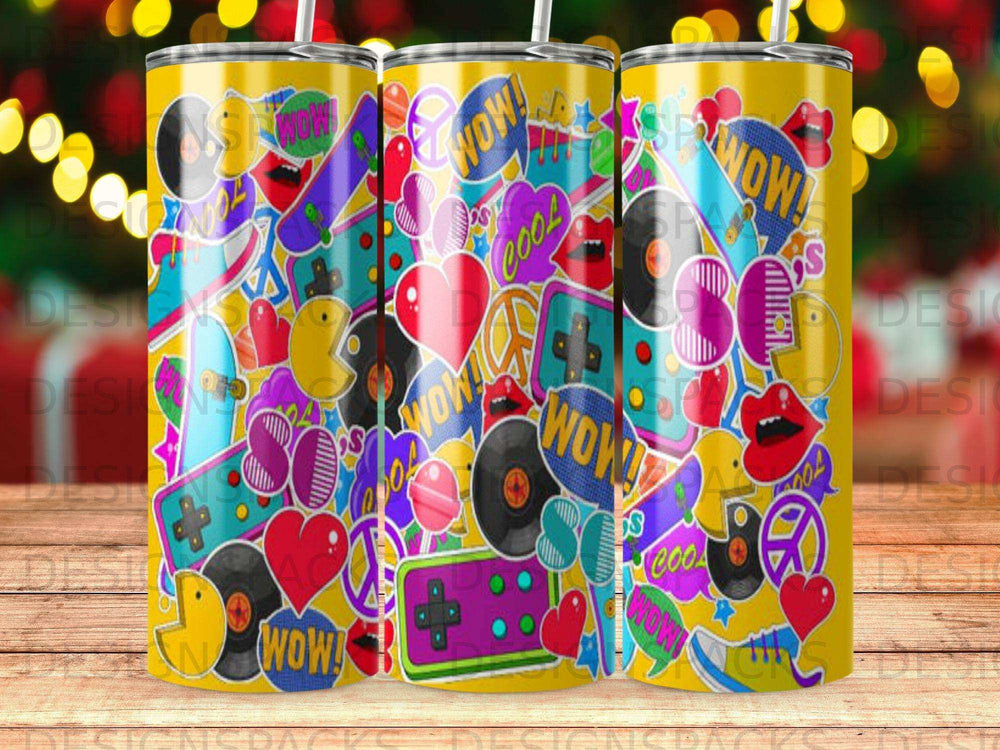 Retro 90s cartoon stickers on a yellow tumbler with "WOW!" and "COOL" text.