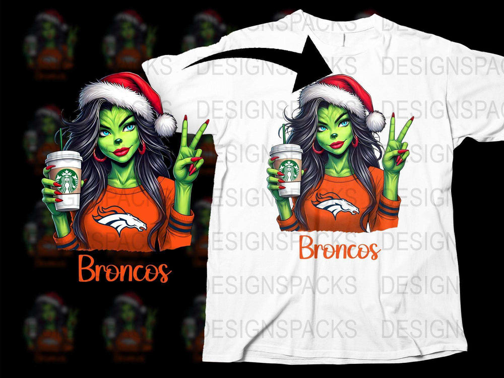 Festive Green Witch Denver Broncos Fan T-Shirt, Christmas Santa Hat, Vivid Graphic Tee, Unique Holiday Gift Idea