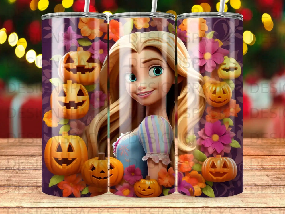Rapunzel in a blue dress with pumpkins and flowers.