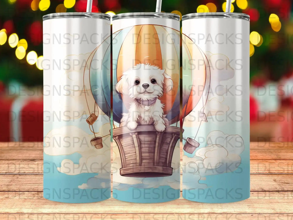 Fluffy white puppy in a hot air balloon basket, digital art.
