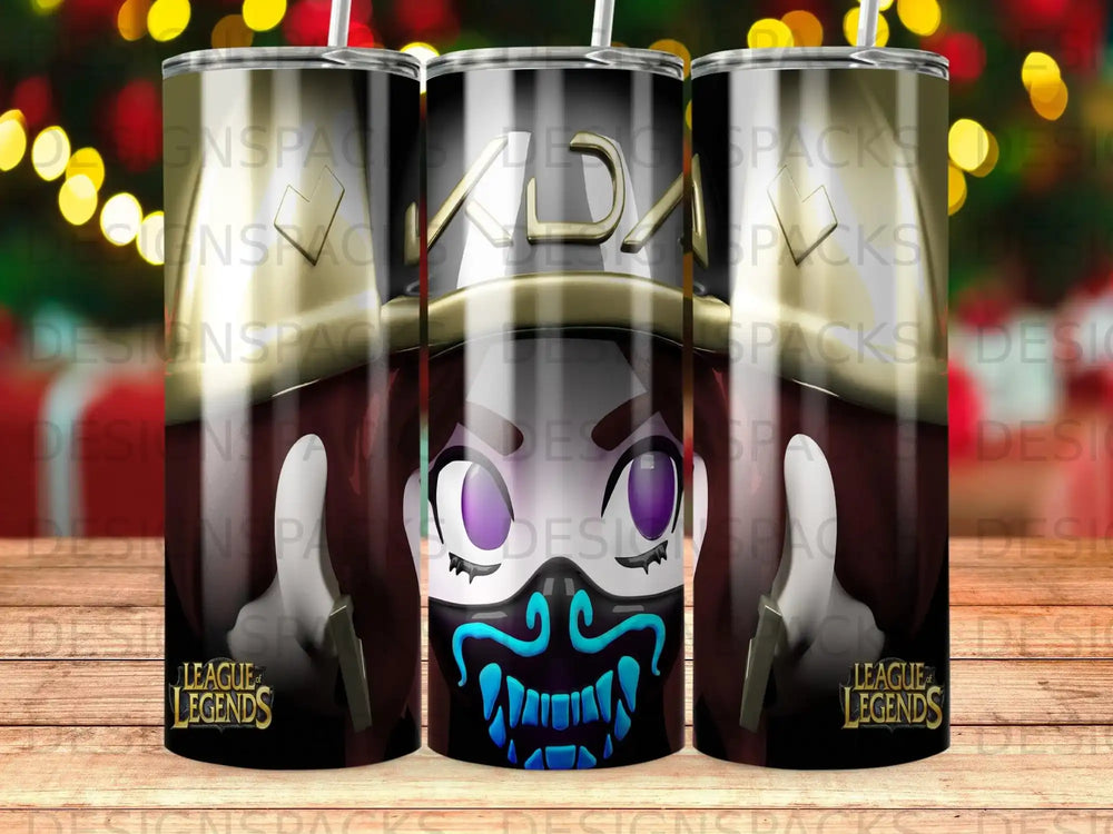League of Legends tumbler featuring a character's face and logo.