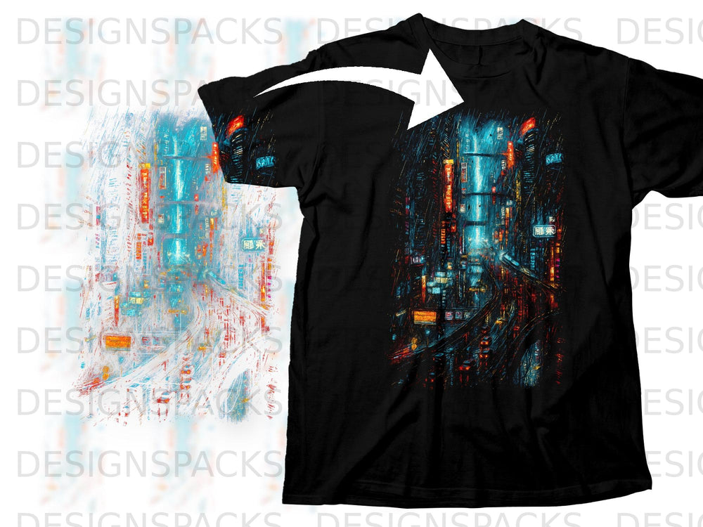 Black t-shirt with neon cityscape graphic and white arrow.
