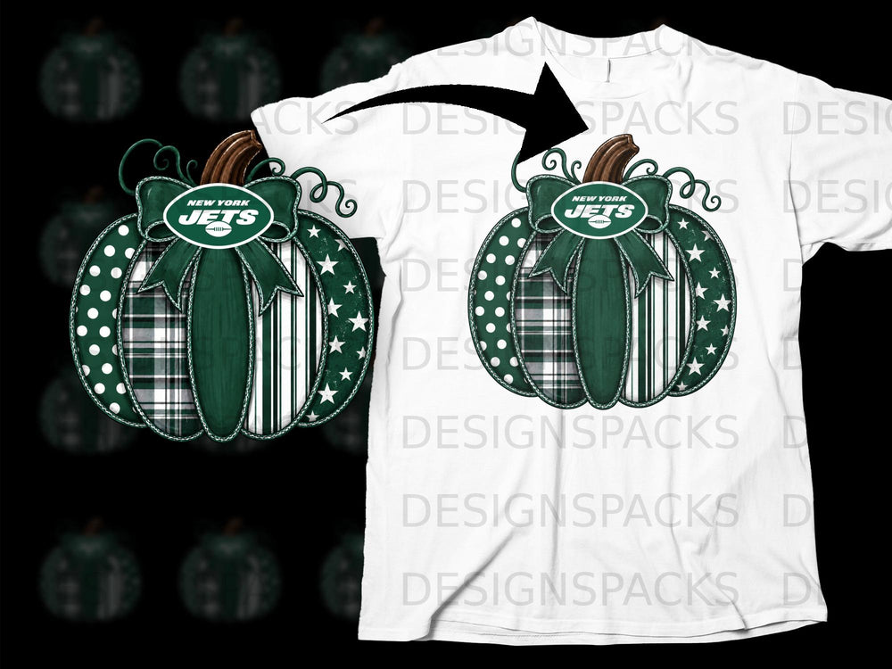 New York Jets pumpkin graphic with green bow and assorted patterns on a white t-shirt.