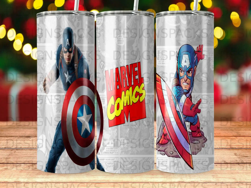 Captain America in front of a Marvel Comics background, shield raised.