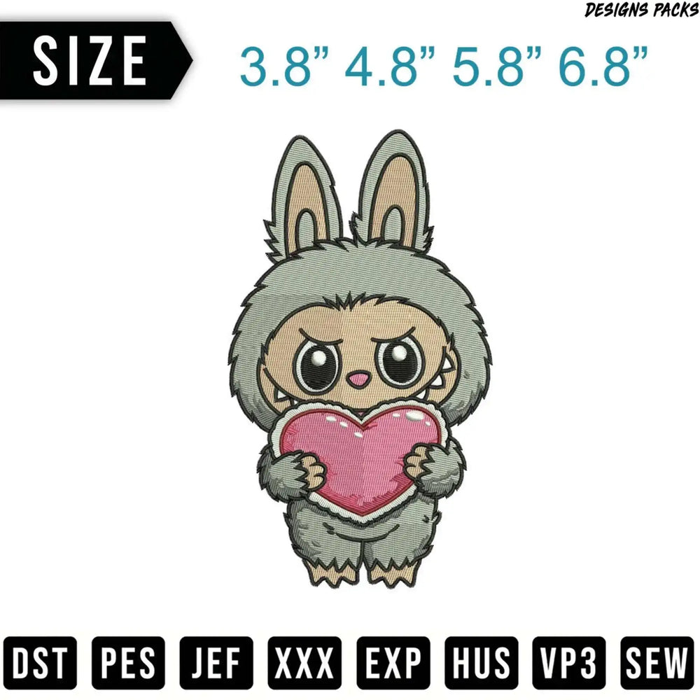 Cartoon monster holding a pink heart, available in multiple sizes.