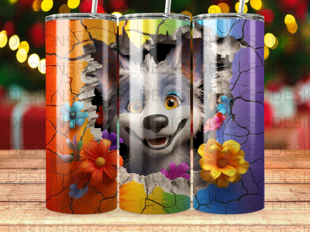 Wolf face breaking through a cracked, colorful tumbler with flowers.