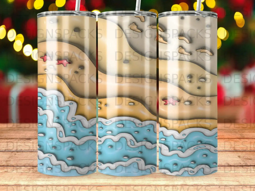 Beach waves, sand, and footprints design on three tumblers.