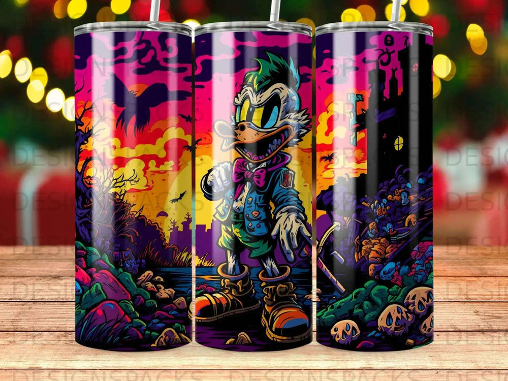 Cartoon duck character in a colorful, spooky forest with a moonlit sky.