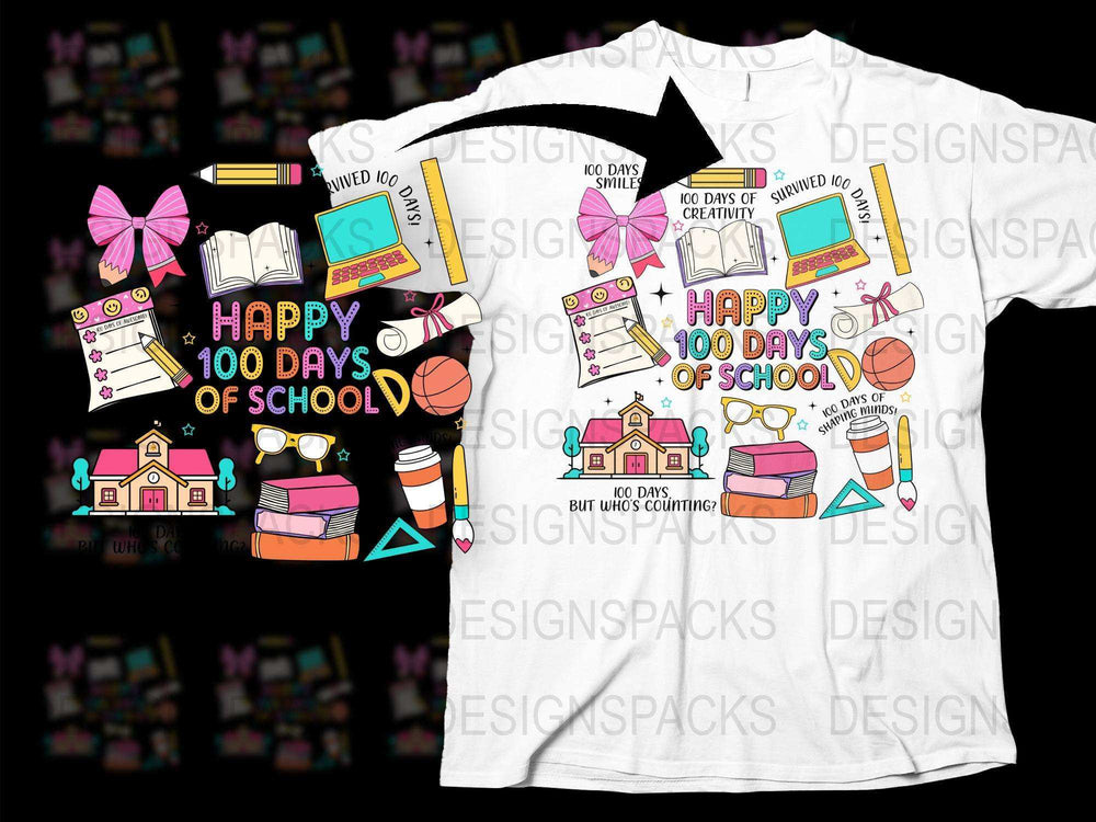 Happy 100 Days of School T-Shirt, Colorful School Supplies Print, Teacher Gift Ideas, Educational Celebration Tee, Kids and Adult Sizes