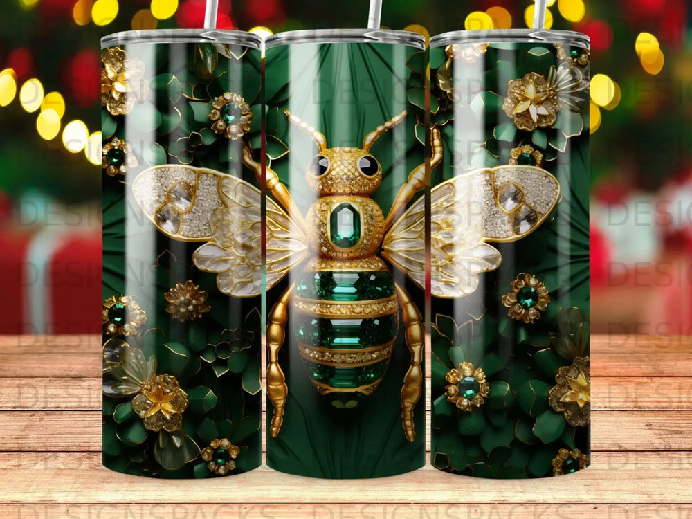 Emerald green tumbler with a bee and floral embellishments.