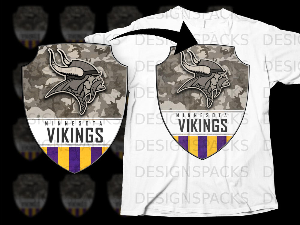 Minnesota Vikings logo on a camouflage shield displayed on a white t-shirt.