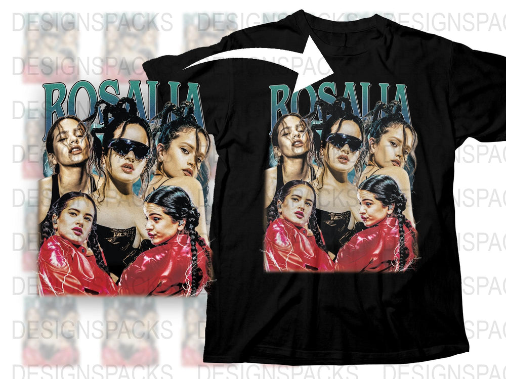 Rosalía Music Artist Graphic T-Shirt, Pop Culture Fashion Top, Trendy Band Tee, Multi-Image Design, Black Shirt