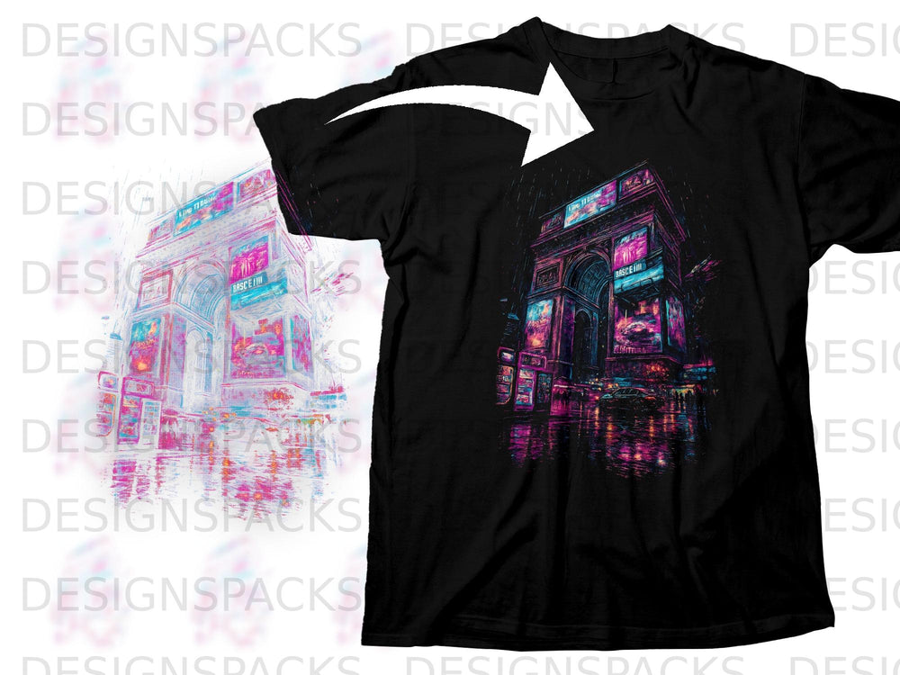 Black t-shirt with a neon-lit Arc de Triomphe graphic and reflection.