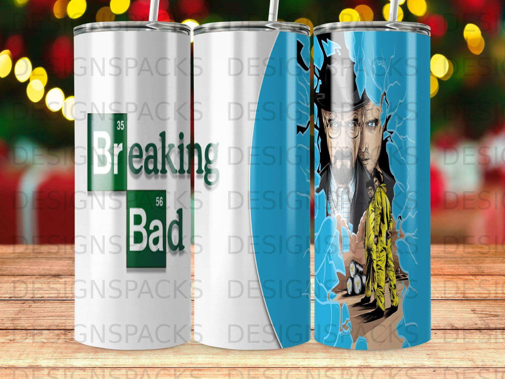 Breaking Bad tumbler with Walter White illustration and green text.