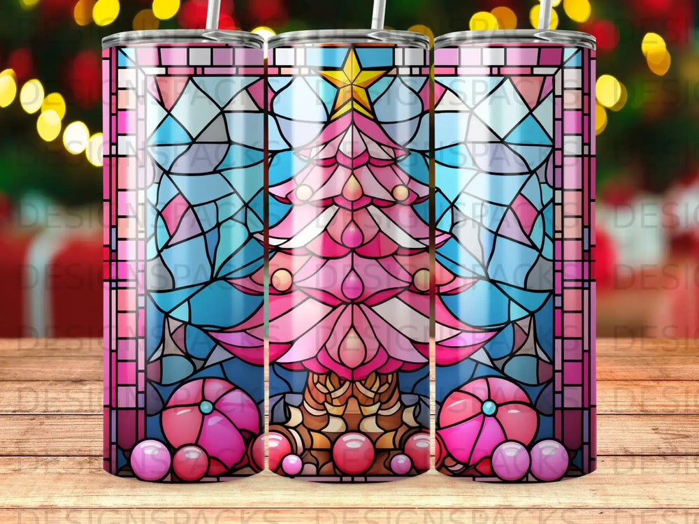 Pink stained glass Christmas tree with ornaments and star on tumbler.