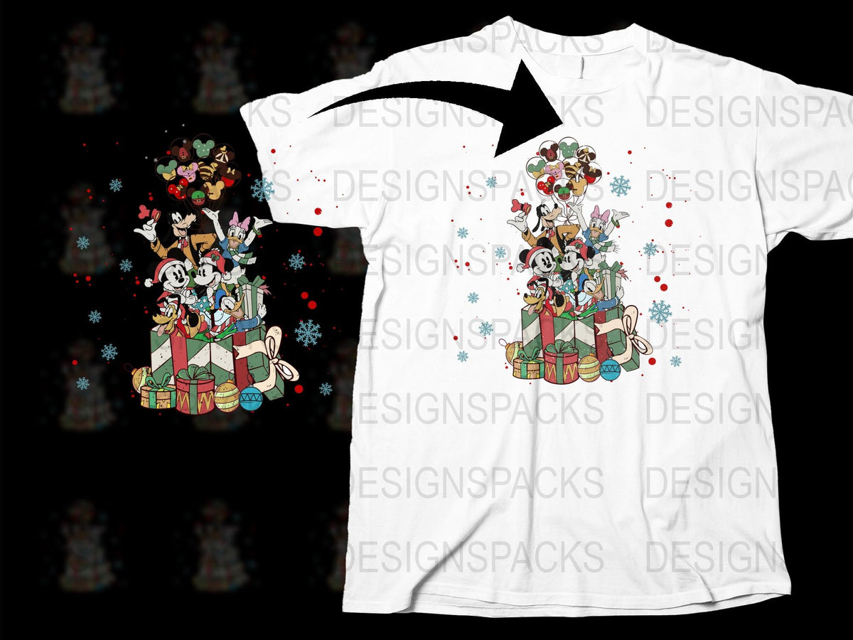Christmas T-Shirt with Cartoon Reindeer and Presents, Festive Holiday Apparel for All Ages