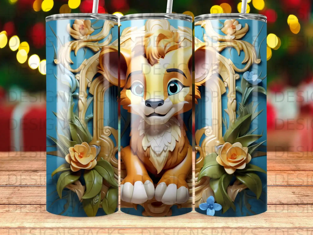 Cartoon lion cub with blue eyes in ornate golden frame with flowers.