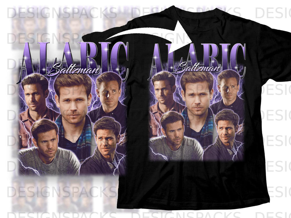 Black t-shirt featuring multiple portraits of Alex O'Loughlin with "ALEX O'LOUGHLIN Saltzman" text.