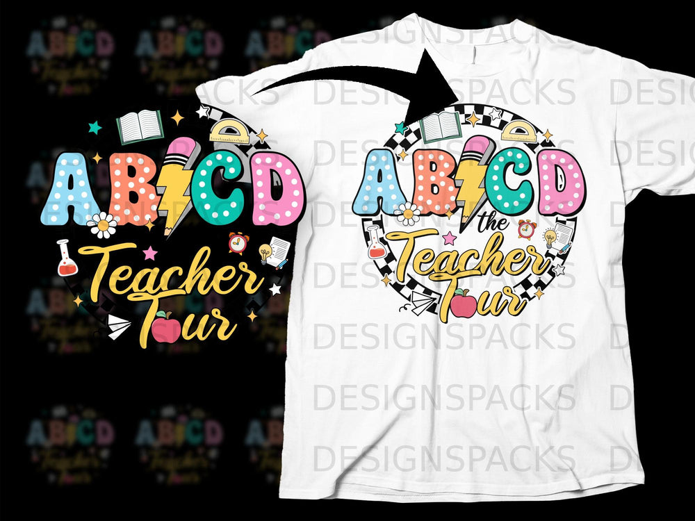 Teacher Teacher Tour graphic with ABCDs and school icons.