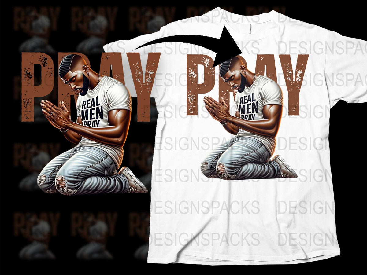 Men's Prayer Graphic T-shirt, Real Men Pray Design, Spiritual White Tee, Faith Inspired Fashion, Religious Casual Wear