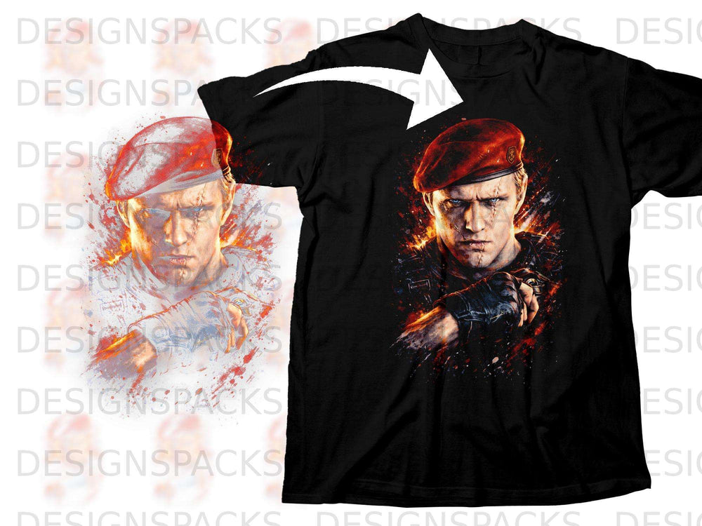 Black t-shirt with a distressed graphic of a man wearing a red beret.