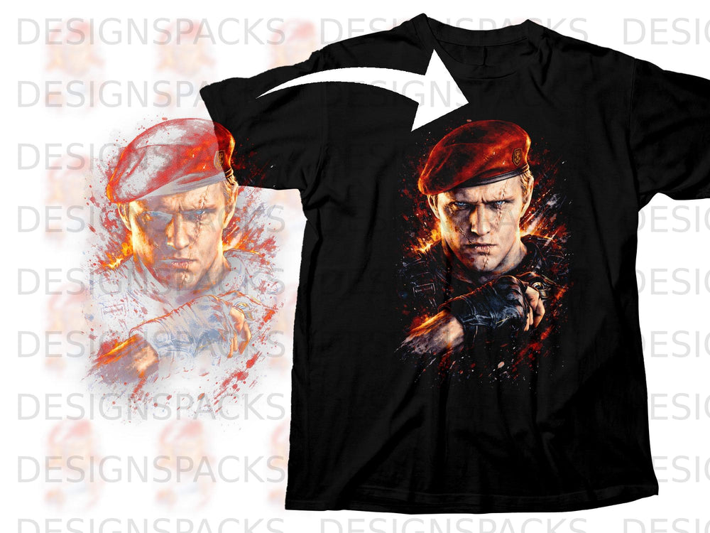 Black t-shirt with a distressed graphic of a man wearing a red beret.