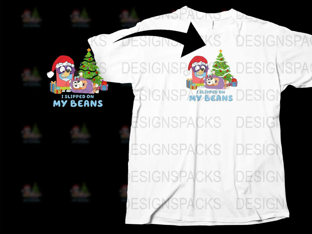Funny Christmas T-Shirt, I Slipped on My Beans Holiday Tee, Cartoon Graphic Shirt, Festive Winter Apparel for Adults and Teens