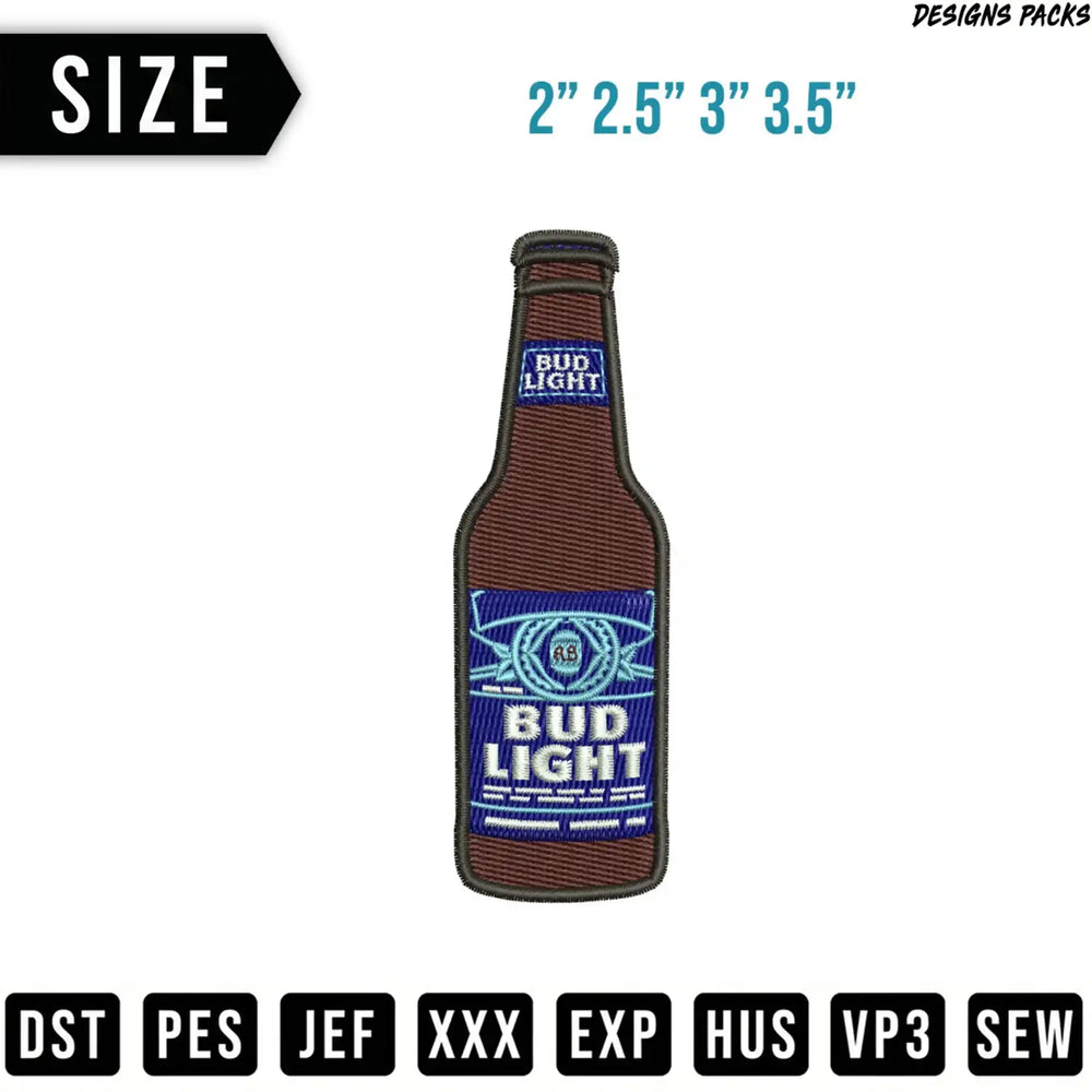 Bud Light bottle embroidery design with size and file format options.