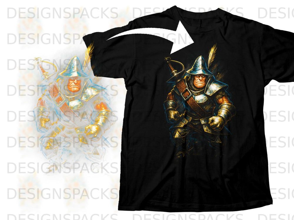 Black t-shirt with an illustration of a stern armored soldier with a sword and feathered helmet.