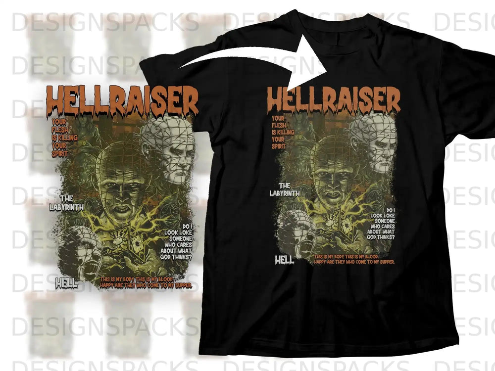 Hellraiser t-shirt design with Pinhead and text about flesh and spirit.