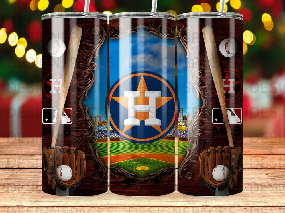 Houston Astros baseball logo on tumbler with bat and glove.