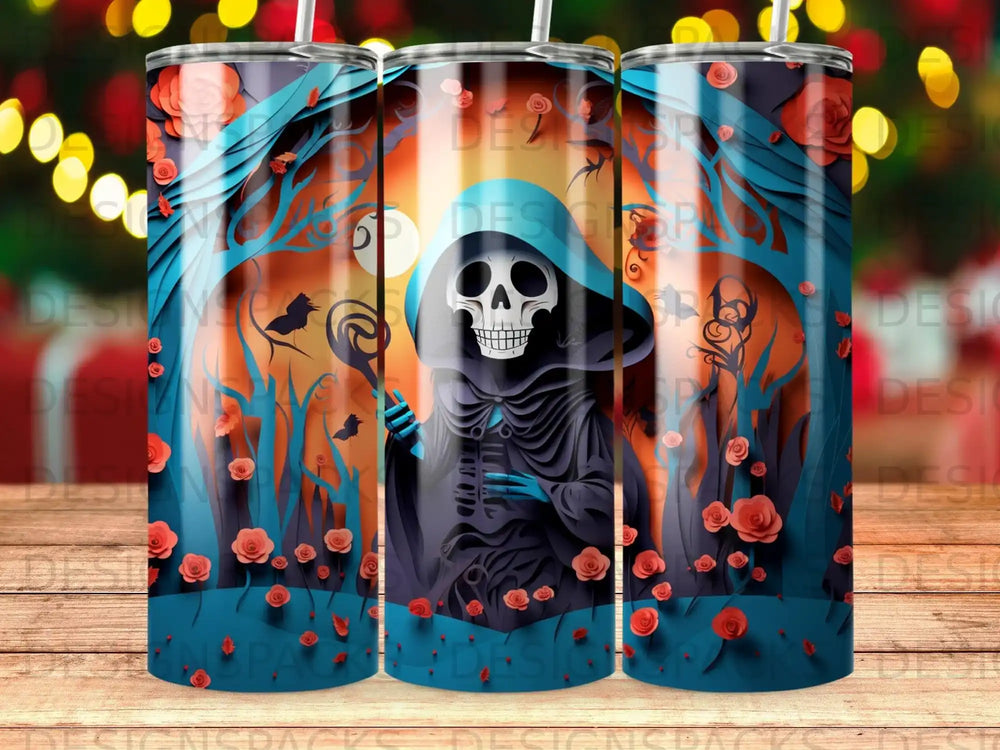 Grim reaper with staff and moon, surrounded by roses and trees.