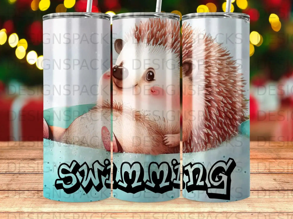 Hedgehog in a pool with "Swimming" text.