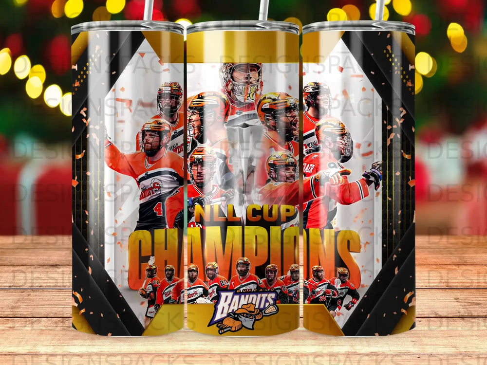 Buffalo Bandits NLL Cup Champions with team players and confetti design.