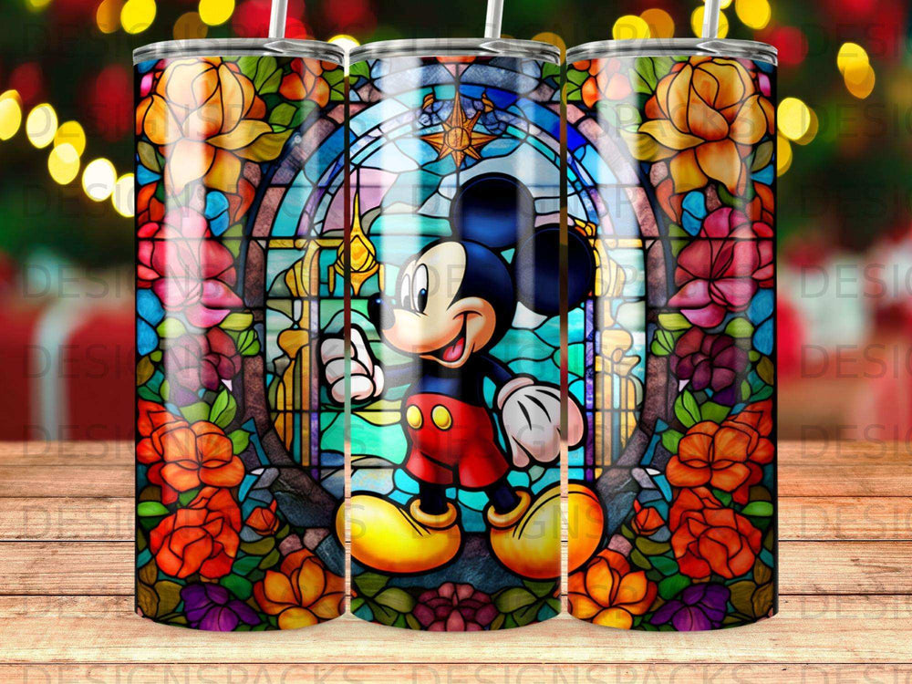 Mickey Mouse in stained glass window with floral accents on a tumbler.