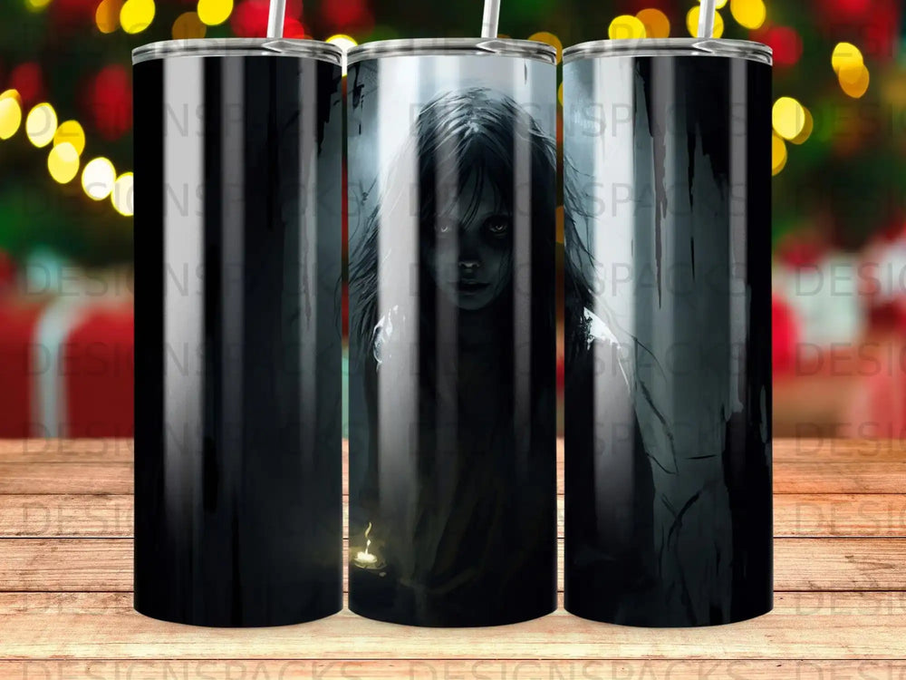 Spooky ghost girl with glowing eyes on a black tumbler.
