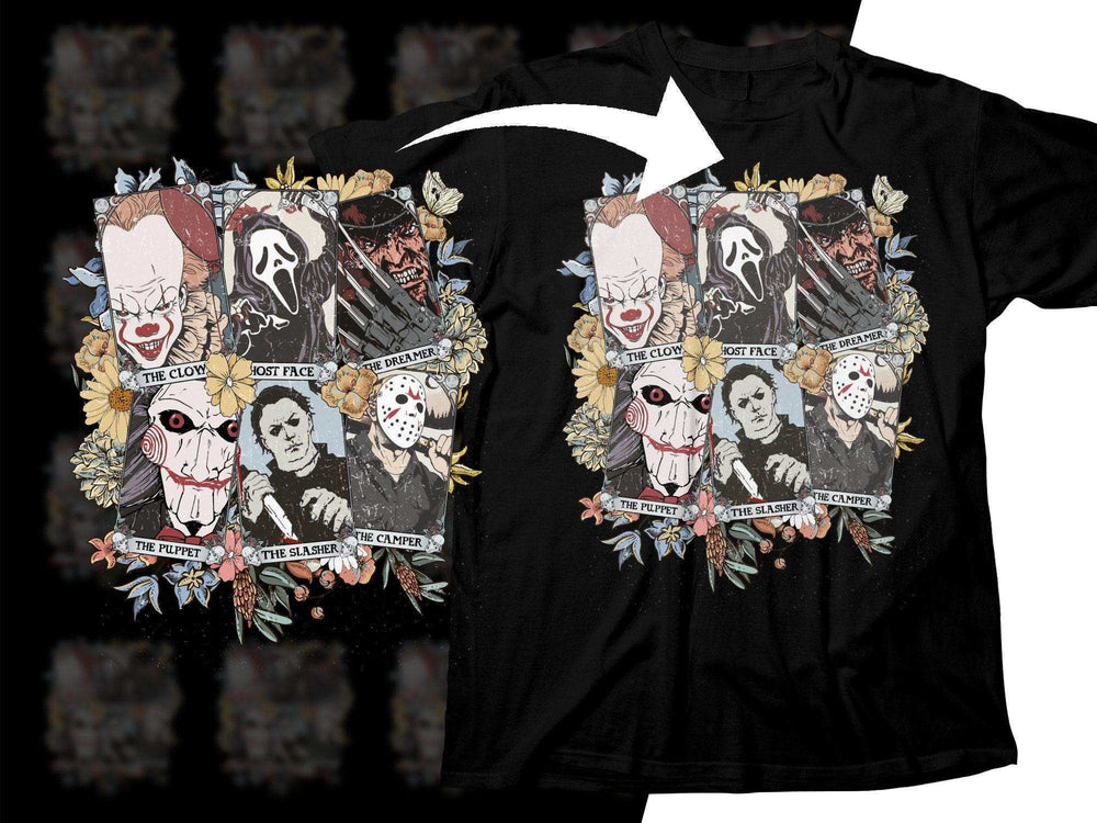 Horror movie characters t-shirt design with floral accents, featuring The Clown, Ghost Face, and more.