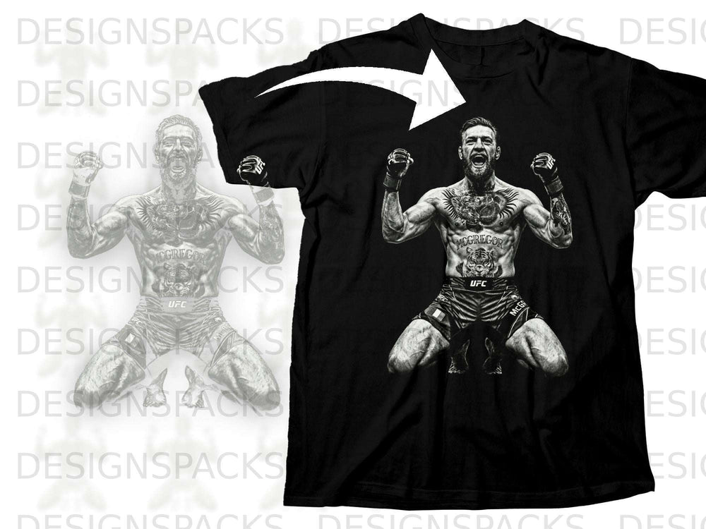 Black t-shirt featuring a printed image of Conor McGregor in fighting stance.