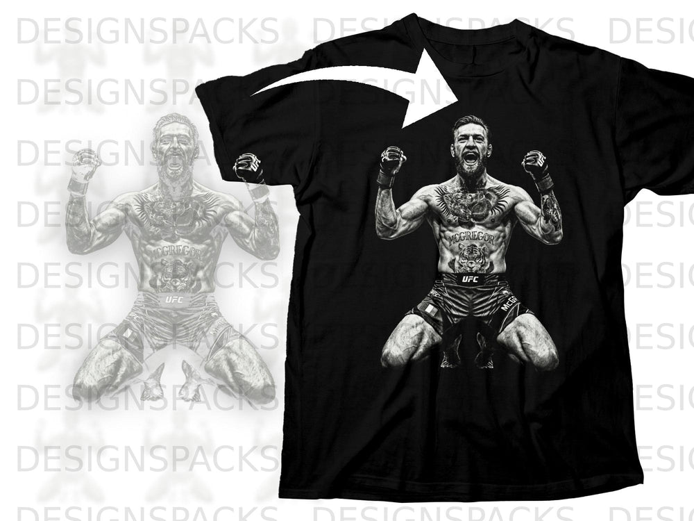 Black t-shirt featuring a printed image of Conor McGregor in fighting stance.