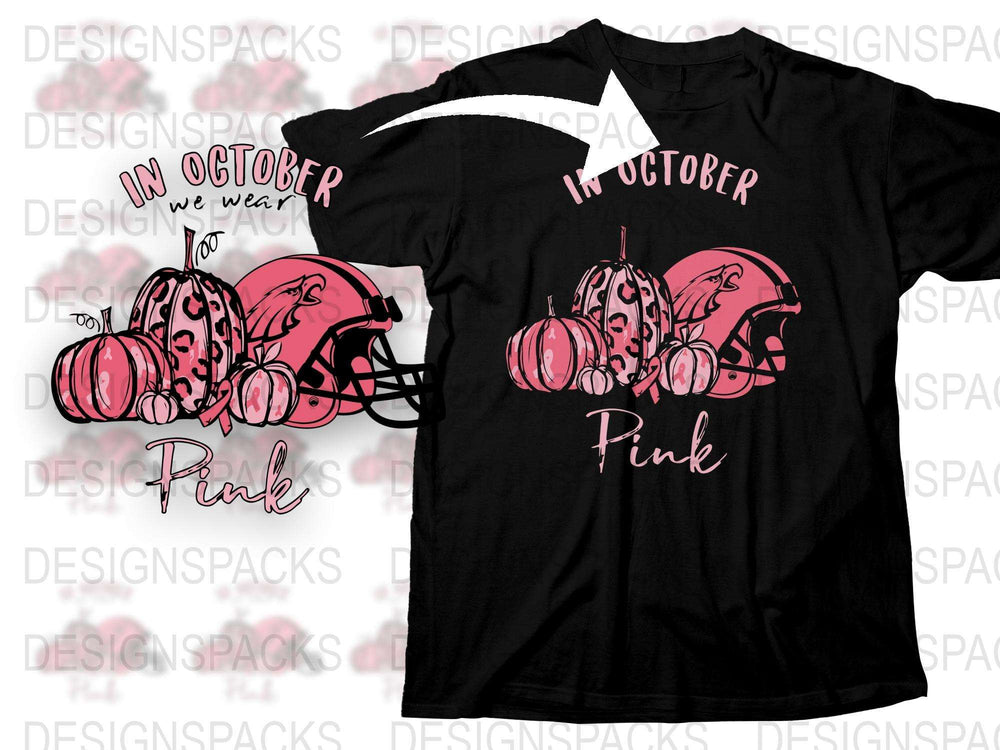 In October We Wear Pink T-Shirt, Breast Cancer Awareness Pumpkin Tee, Fall Season Fashion, Supportive Pink Ribbon Apparel, Casual Top