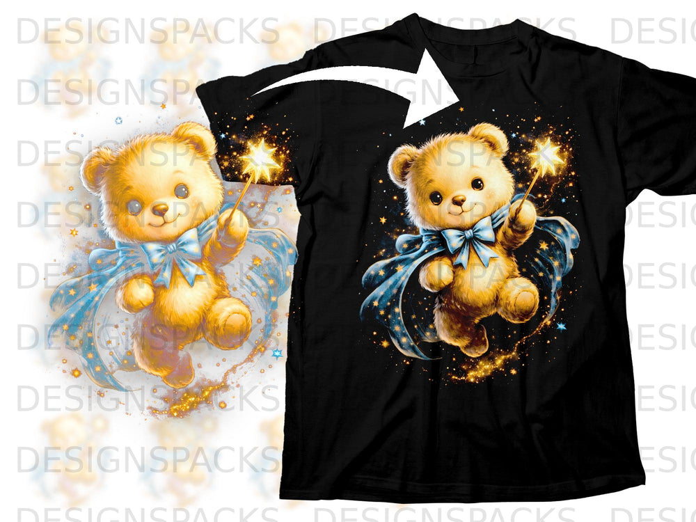 Teddy bear with blue bow holding magic wand, starry cape, on black t-shirt.
