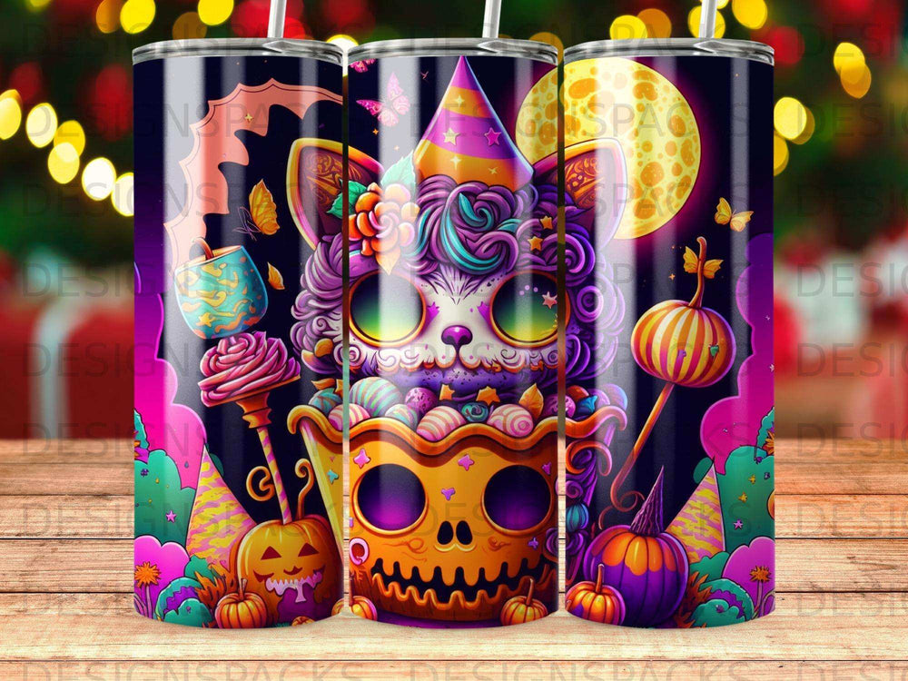 Whimsical cat with candy and Halloween pumpkins in a colorful festive design.