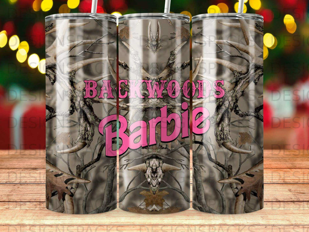 Camouflage tumbler with "Backwoods Barbie" text.