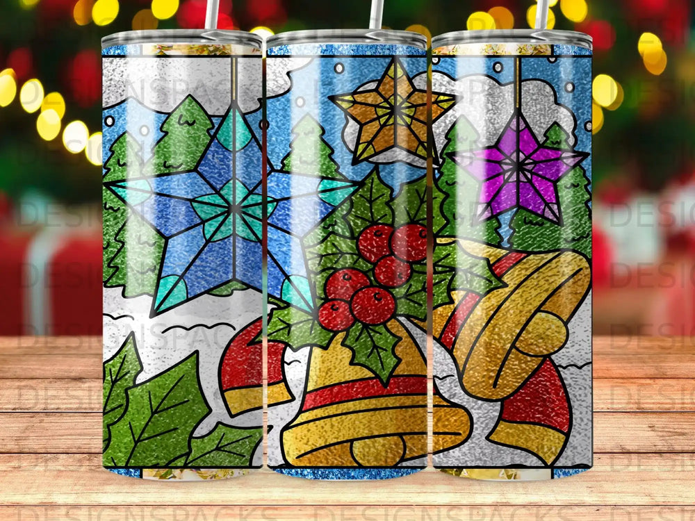 Christmas tumbler wrap with stars, bells, holly, and snowflakes.