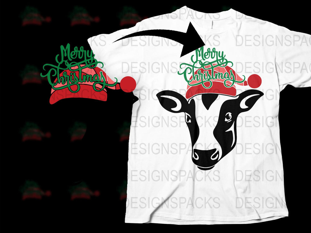 Merry Christmas Cow T-Shirt, Festive Farm Animal Holiday Tee, Fun Graphic Print Shirt for Christmas Celebrations